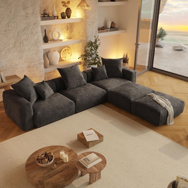 Magic Home Modern 142 in. Square Arm 5-piece Corduroy Modular Combination Sectional Sofa Large Floor Couch with Ottomans in Black