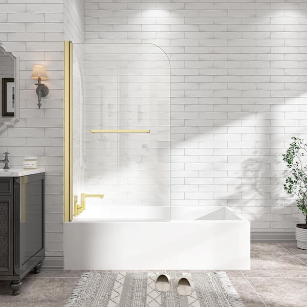 32 in. W x 55 in. H Flexible 180° Pivot Frameless Tub Door in Brushed Gold with 1/4 in. Tempered Glass, Reversible