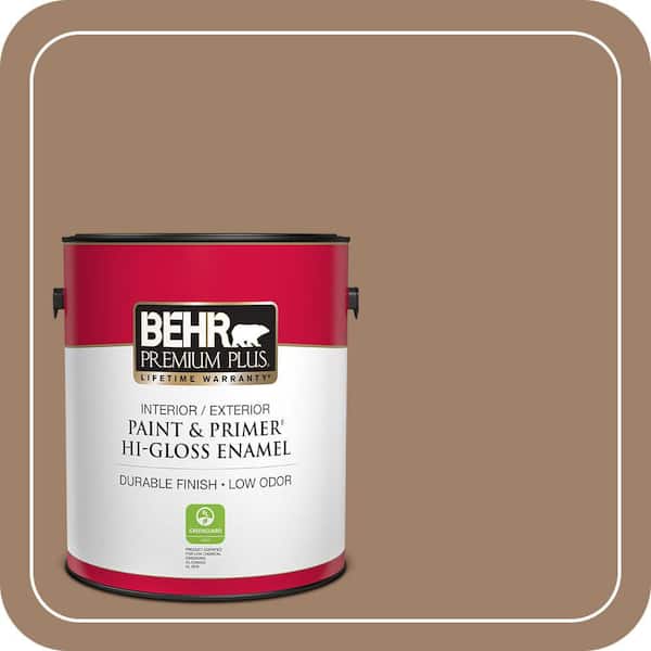 BEHR PREMIUM PLUS 1 gal. #ECC-40-3 Seasoned Acorn Hi-Gloss Enamel Interior/Exterior Paint & Primer