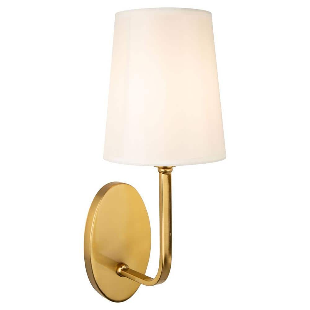 Brushed Gold Cylinder Sconce with White Linen Shade