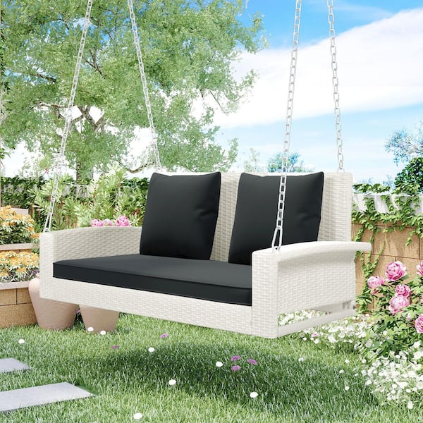 2-Person Wicker Hanging Porch Swing with Chains, Cushion, Pillow, Rattan Swing Bench, White Wicker, Gray Cushion