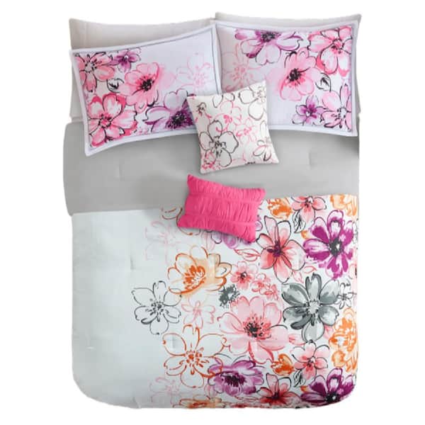 Afoxsos Asymmetrical Cal/King Size Polyester Floral Comforter Set 1 Comforter, 2 Shams, 1 Square, 1 Oblong Pillow Case in Pink