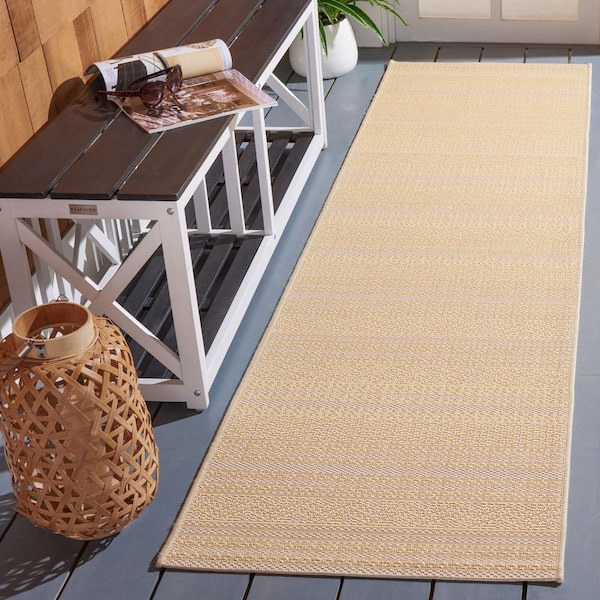 Courtyard Beige/Gold 2 ft. x 8 ft. Tribal Striped Indoor/Outdoor Runner Rug