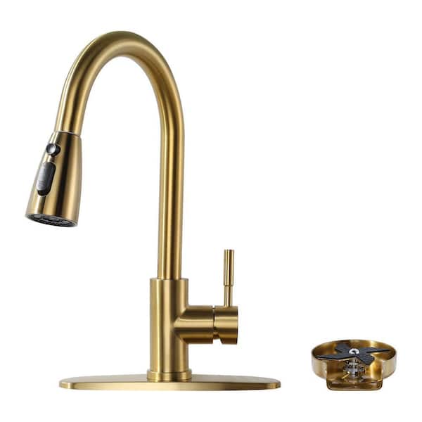 Single Handle Pull Down Sprayer Kitchen Faucet with Glass Rinser in Gold