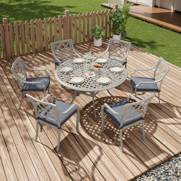 Gray Cast Aluminum Stackable Outdoor Dining Chair with Dark Gray Cushions (6-Pack)
