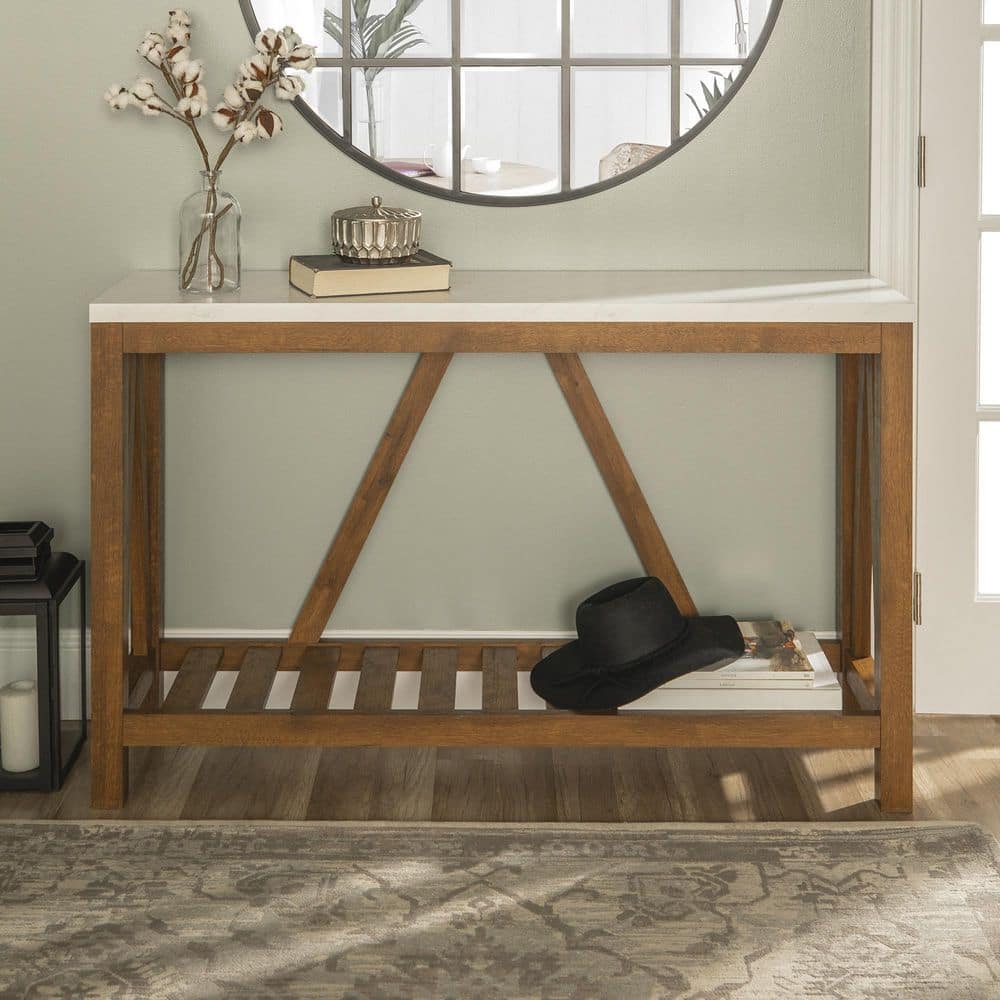 Farmhouse Charm 52" Walnut Wood Console Table with Marble Finish and Storage