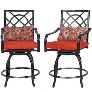 Swivel Metal Outdoor Bar Height Dining Chair with Red Cushion (2-Pack)