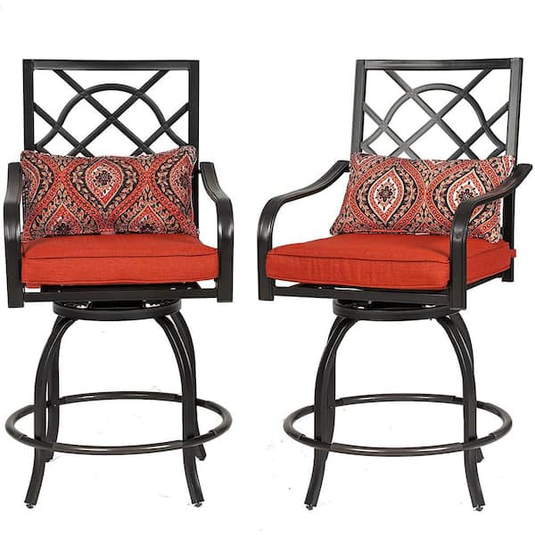 Suncrown Swivel Metal Outdoor Bar Height Dining Chair with Red Cushion (2-Pack)