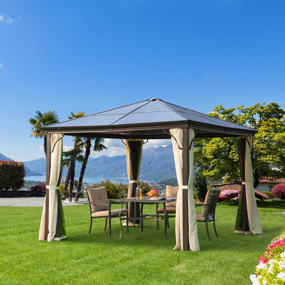 10' x 10' Brown Aluminum Hardtop Gazebo with Side Curtains