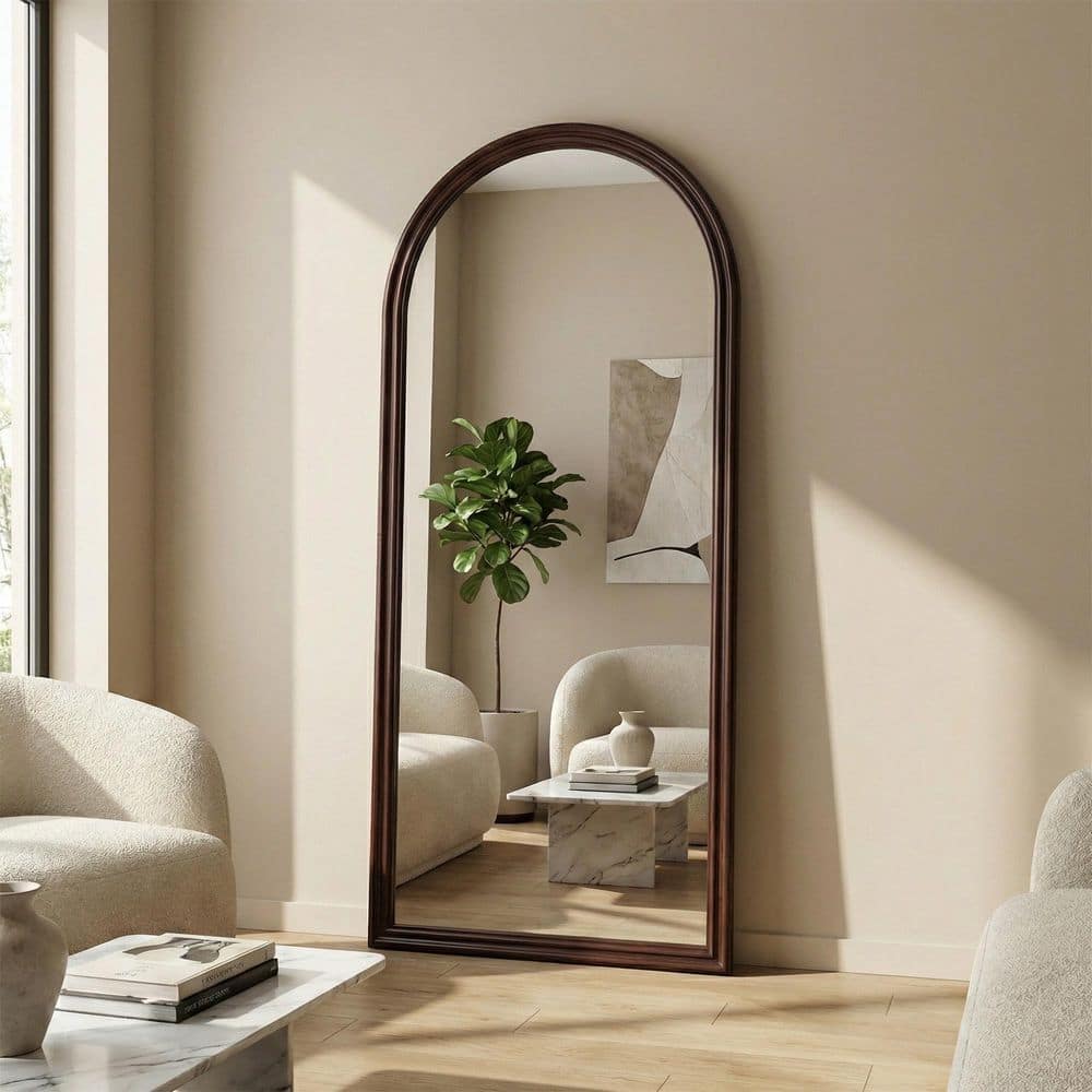 Dovelina Brown 31.5 in. W x 71 in. H Arched Solid Wood Framed Floor Mirror Standing Wall Mirror HD0104-022810