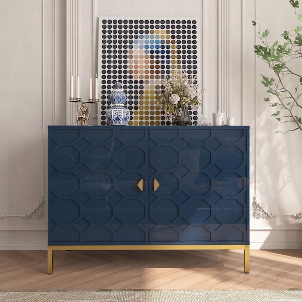Modern Blue 26.25 in. H 2-Door Storage Cabinet with Honeycomb Pattern, Adjustable Shelves and Golden Leg