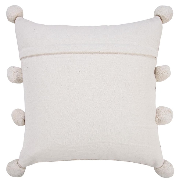 Farmhouse Striped Throw Pillow, Round White Pillow With Pom Poms