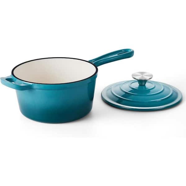 1 qt. Enameled Cast Iron Nonstick Sauce Pan in Dark Cyan with Lid for Induction Gas Oven Electric Ceramic Cooking