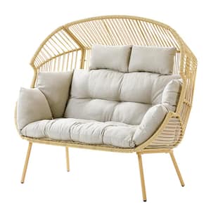 58 in. W Oversized Yellow Wicker Loveseat Egg Chair Patio Backyard Indoor/Outdoor Chaise Lounge with Beige Cushions