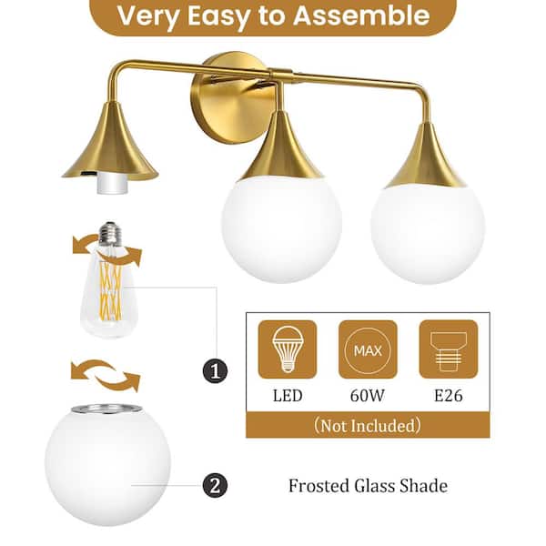 KAISITE 24 in. 3 Light Brushed Gold Vanity Light with Milk