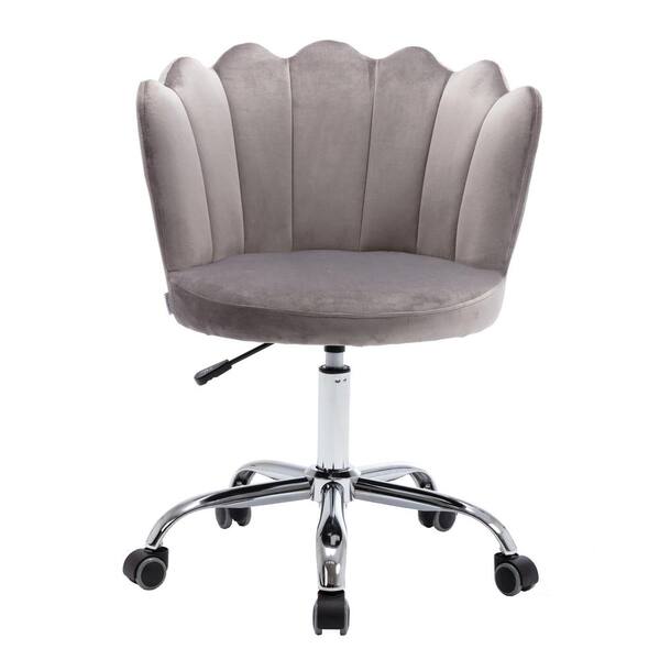 LUCKY ONE Cozy Gray Velvet Swivel Shell Office Chair Height Adjustable Accent Chair with 360° Castor Wheels