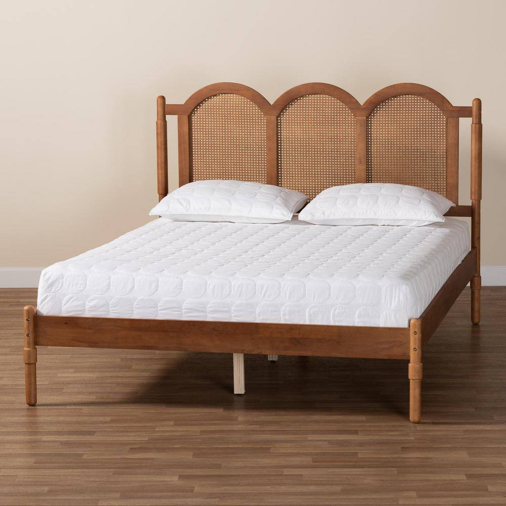Walnut Brown Wood Queen Platform Bed with Woven Rattan Headboard