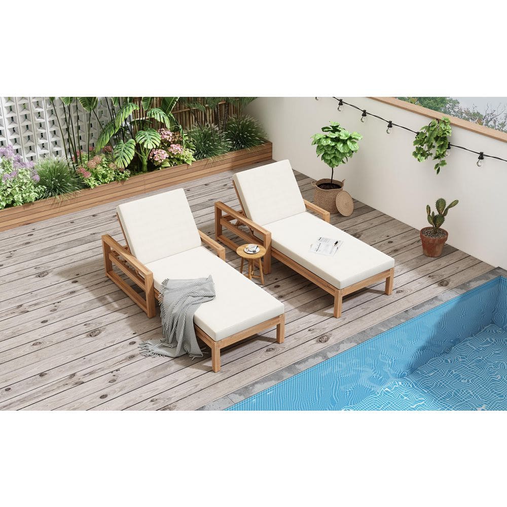 Light Teak 2-Piece Acacia Wood Outdoor Chaise Lounge Chairs with Beige Cush