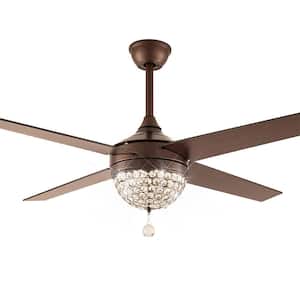 42 in. Indoor Vintage Coppery 4 Wooden Blades Crystal Ceiling Fan Light with Remote Control