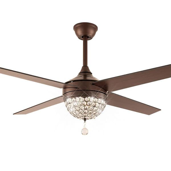 OUKANING 42 in. Indoor Vintage Coppery 4 Wooden Blades Crystal Ceiling Fan Light with Remote Control