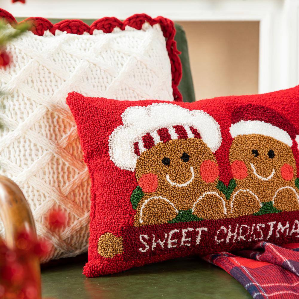 Red Rectangular Hooked Gingerbread Boy and Girl Christmas Pillow