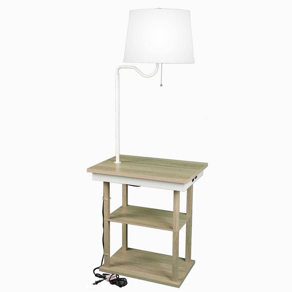 56-Inch Oak Shelf Floor Lamp with White Fabric Shade