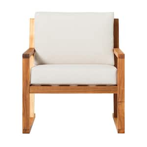 Natural Slatted Wood Modern Outdoor Lounge Chair with Bisque Cushions