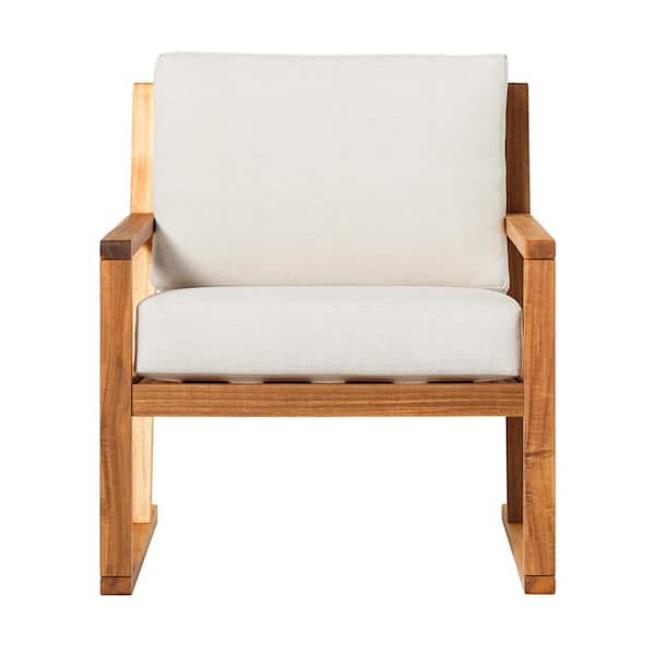 Welwick Designs Natural Slatted Wood Modern Outdoor Lounge Chair with Bisque Cushions