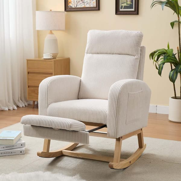 Unbranded Cream Stripe Velevt Modern Rocking Chair Nursery Rocking Glider Chair Accent Arm Chair with Retractable Footrest