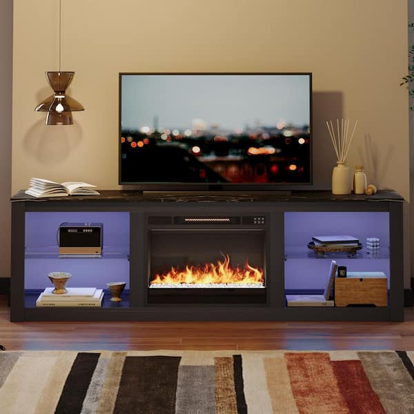 71 in. Freestanding Electric Fireplace TV Stand in Marble Black with Adjustable Shelves