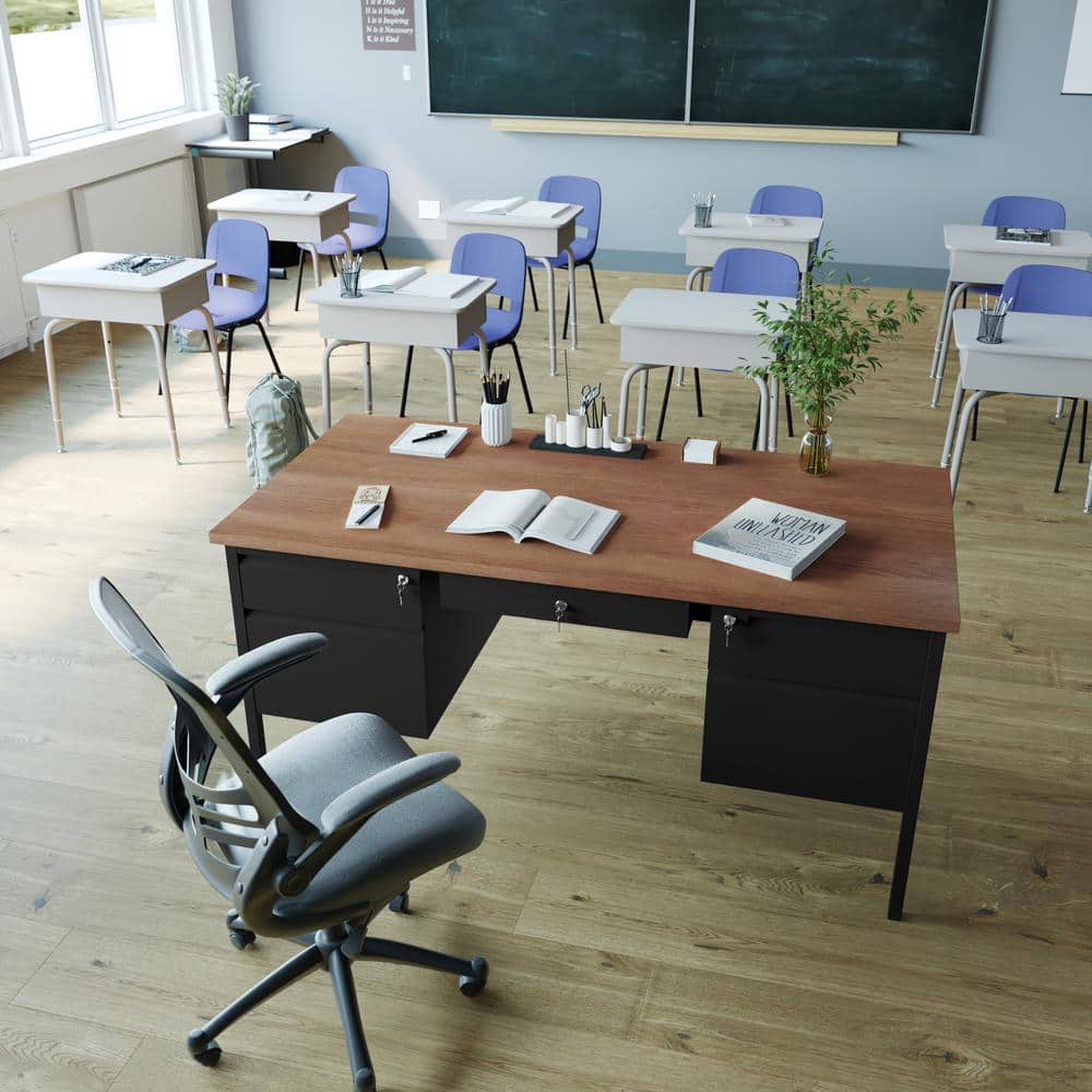60 in. Rectangle Walnut Engineered Wood 6-Drawers Teacher Desk