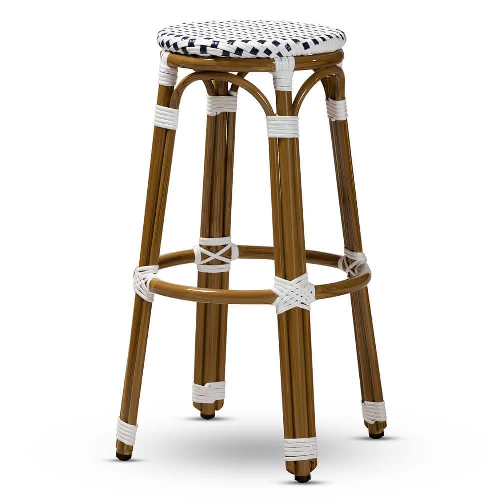 Navy and White Woven Aluminum Armless Bar Stool