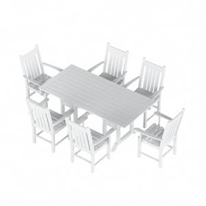 Hayes 7-Piece HDPE Plastic All Weather Outdoor Patio Trestle Table Dining Set with Armchairs in White