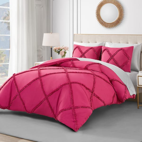 Diamond Ruffle 3-Piece Hot Pink Queen Microfiber Reversible Comforter Set
