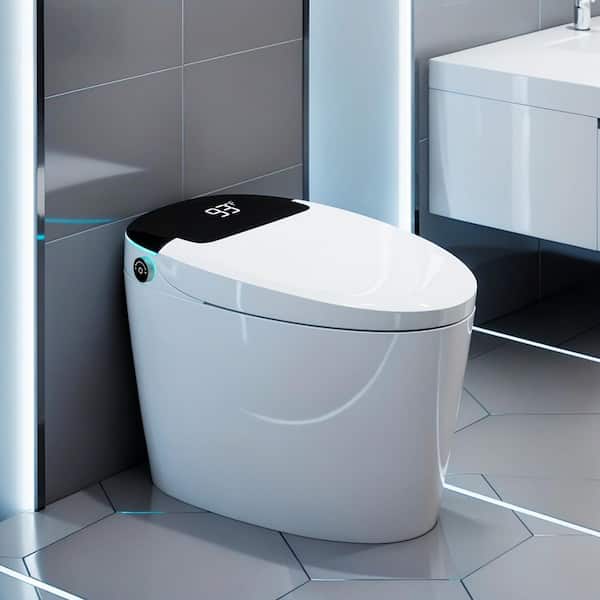 Tankless Smart Toilet Elongated 1.28 GPF Bidet Toilet with Auto Flush Warm Water Foot Sensor Operation in White