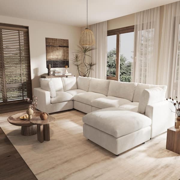 J&E Home 100.5 in. Square Arm Chenille L-Shaped Sectional Sofa with Ottoman For Living Room Couch in. Beige