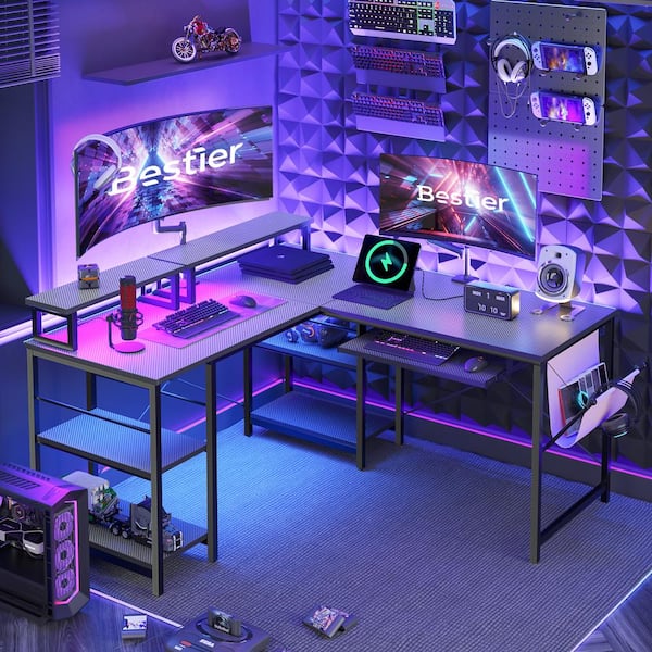 Bestier Small Gaming Desk with Power Outlets,42 L Shaped LED Computer Desk  with Monitor Stand Reversible Storage Shelves,Corner Gamer Desk with