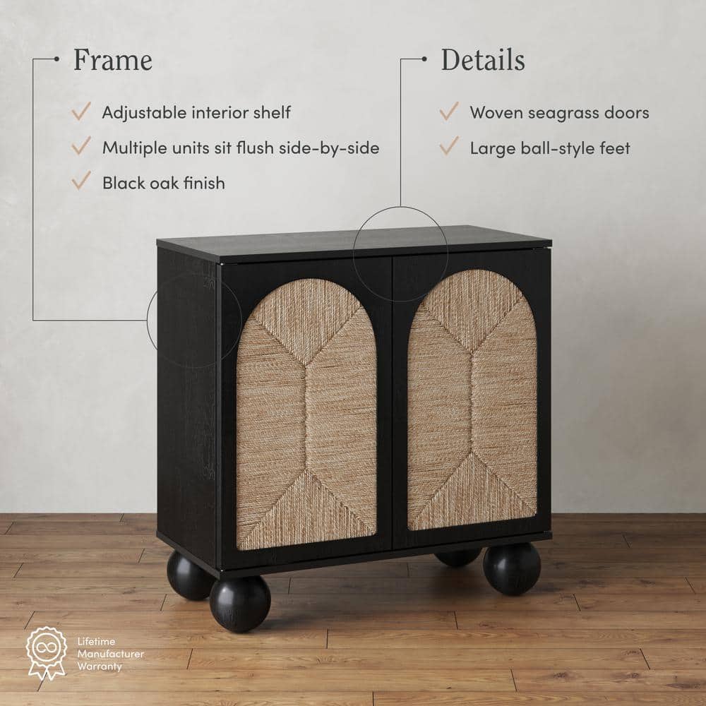 Black Boho Storage Cabinet with Seagrass Doors and Solid Wood Legs