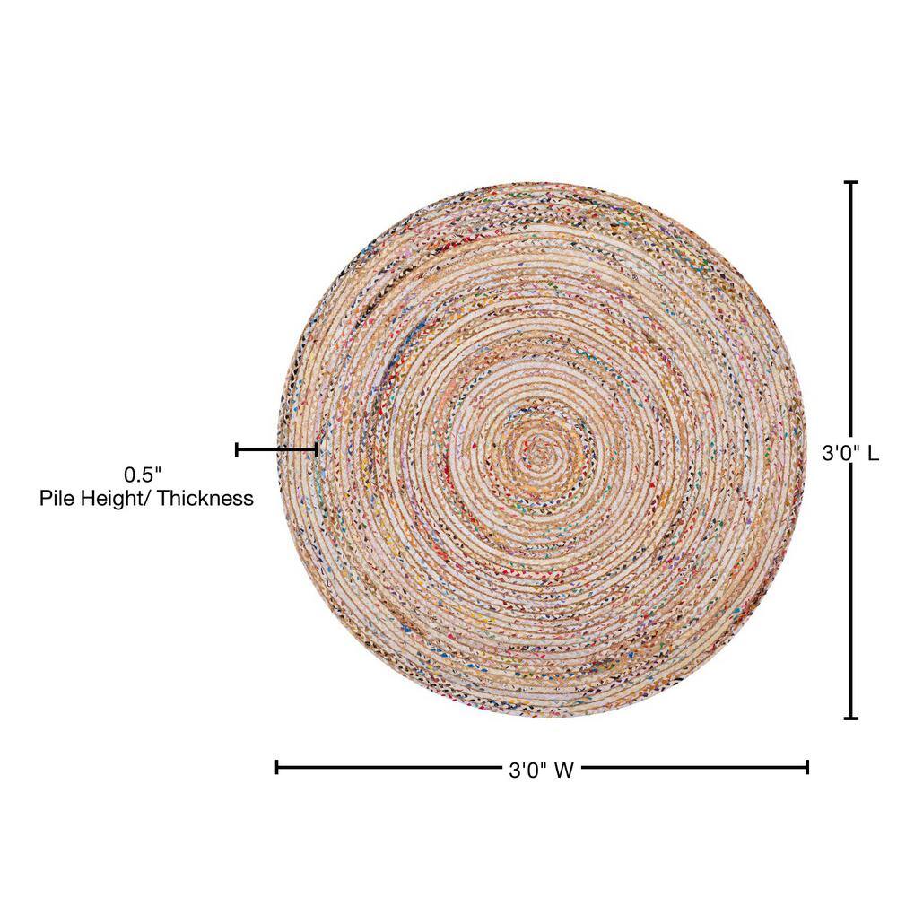 Beige and Multicolor Round Hand-Knotted Wool and Cotton Rug