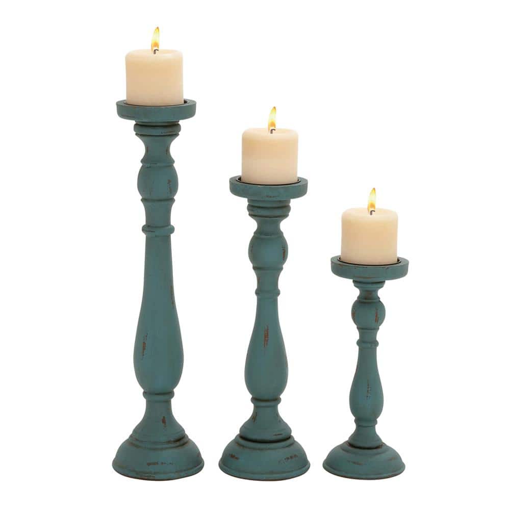 Teal Wood Fluted Pillar Candle Holders Set of 3