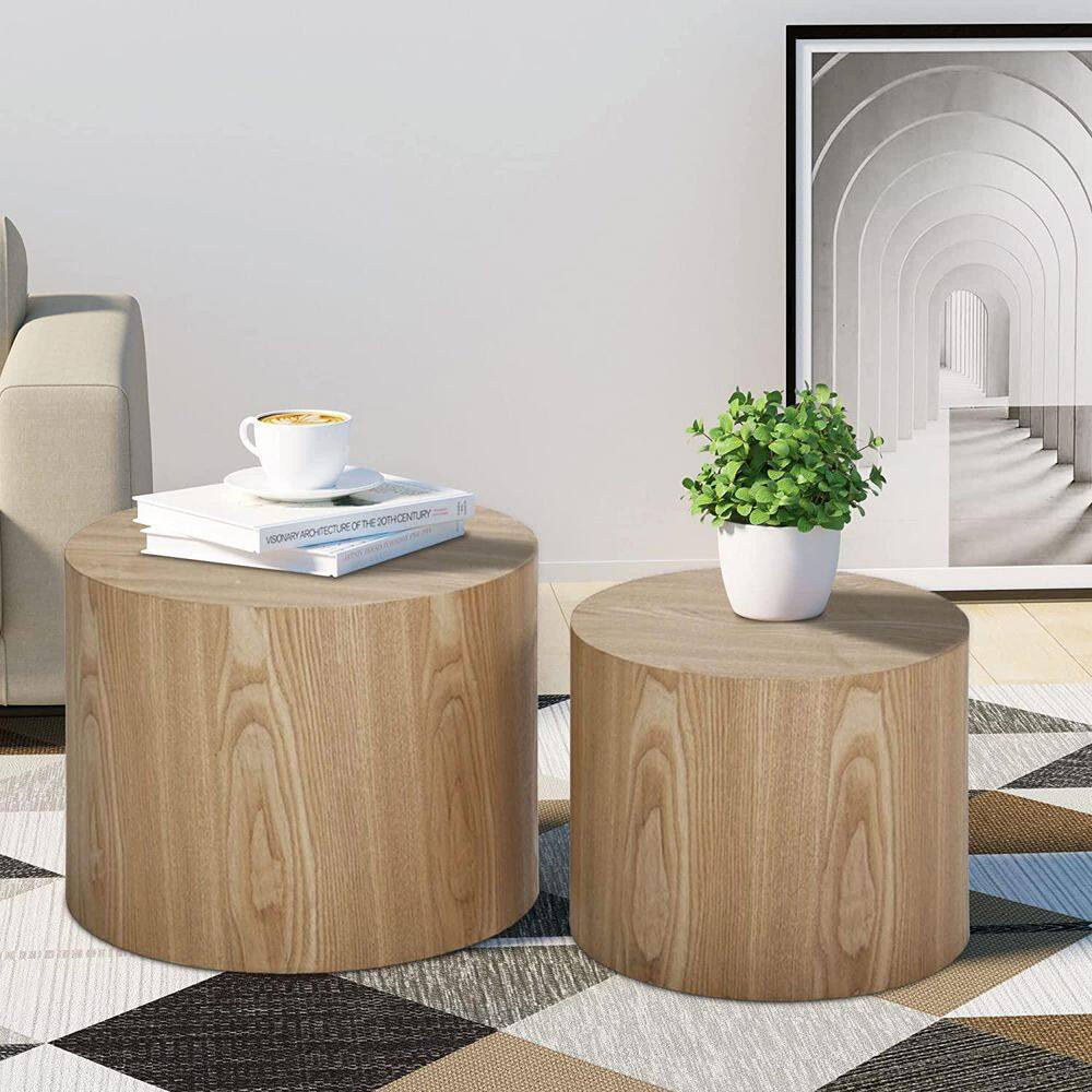 Oak Round Wood Nesting Coffee Table Set of 2