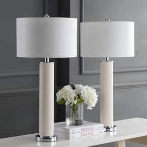 Ollie 31.5 in. Cream Faux Woven Leather Table Lamp with Off-White Shade (Set of 2)