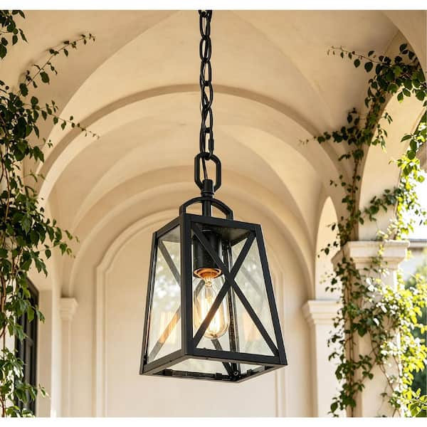Black Outdoor Hanging Light Mini 1-Light Farmhouse Hanging Lantern Outdoor Pendant for Patio/Porch with Seedy Glass