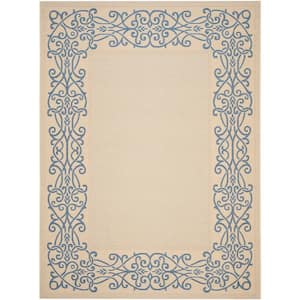 Courtyard Natural/Blue 8 ft. x 11 ft. Border Indoor/Outdoor Patio  Area Rug