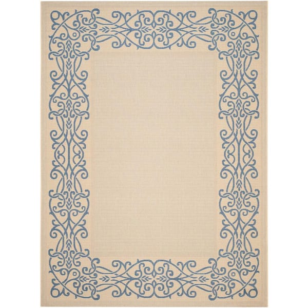 Courtyard Natural/Blue 8 ft. x 11 ft. Border Indoor/Outdoor Patio Area Rug