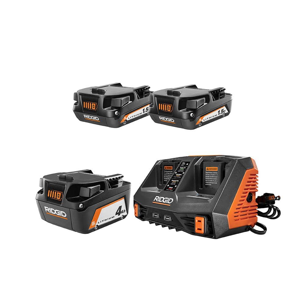 RIDGID 18V Lithium-Ion Battery and Charger Kit with (1) 4.0 Ah Battery and (2) 1.5 Ah Batteries -  AC8494214SBN