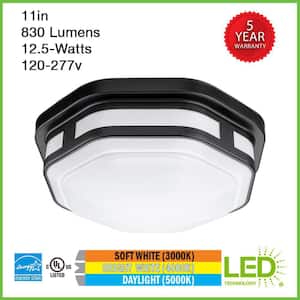 11 in. Octagon Black Indoor Outdoor Ceiling LED Light 3 Color Temperature Options Wet Rated 830 Lumens Front Side Porch