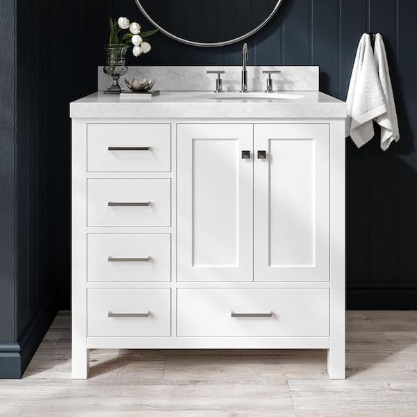 Cambridge 36 in. Single Sink Freestanding Bathroom Vanity in White with Carrara White Marble Top