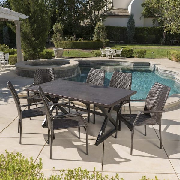 Noble House Harbor Multi-Brown 7-Piece Wicker Outdoor Dining Set