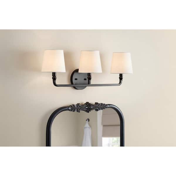 Hampton Bay Canterwood 24.88 in. 3-Light Black Bathroom Vanity Light Fixture with Tapered Fabric Shades